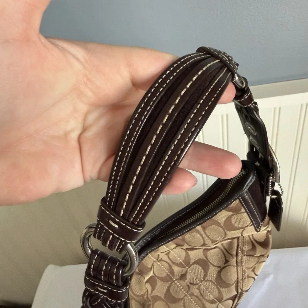 Vintage Coach Signature Jacquard Small Soho Hobo Bag Brown Tan Leather Y2K Purse